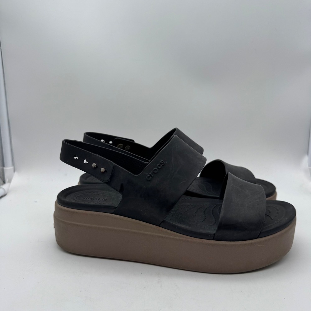 CROCS Black Platform Wedge Sandals with Brown Sole